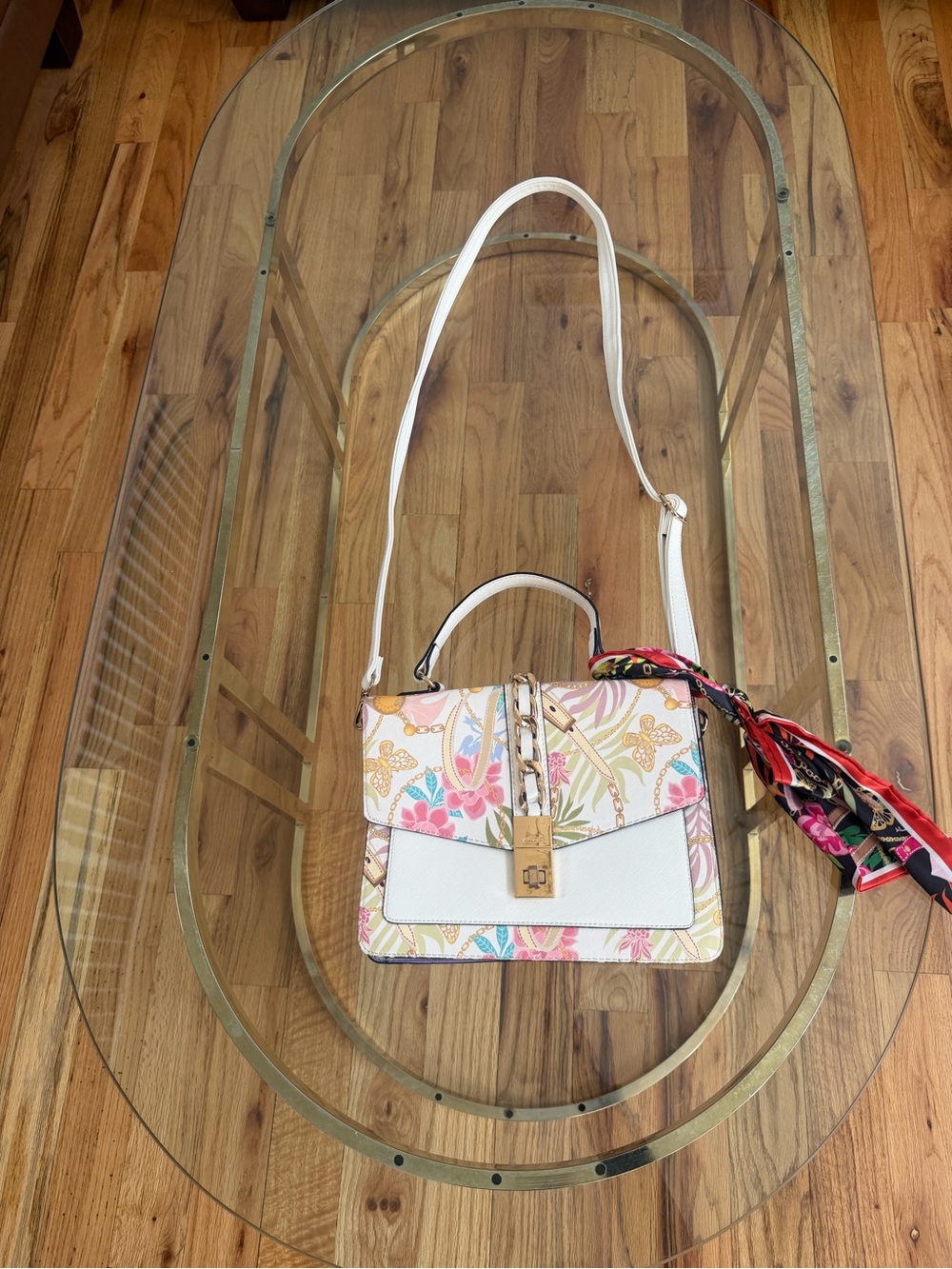 Aldo White Floral Print Crossbody Satchel with Gold Lock